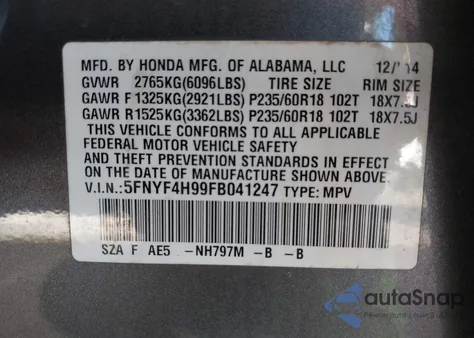 2015 Honda Pilot Touring from USA, damaged, VIN 5FNYF4H99FB041247